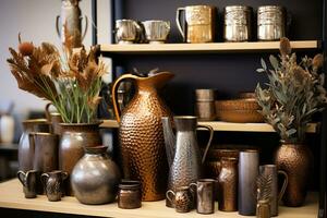 Various bronze jugs on shelves in a souvenir shop. Generative AI photo