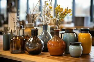 Various ceramic jugs on a table in a gift shop. Generative AI photo