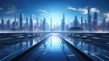 Futuristic cityscape in Metaverse Realty background with empty space for text photo