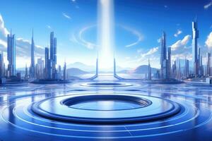 Futuristic cityscape in Metaverse Realty background with empty space for text photo