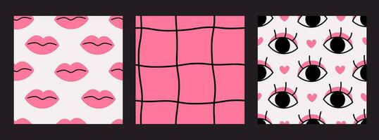 Y2k hand drawn pink seamless patterns set vector