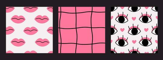 Y2k hand drawn pink seamless patterns set vector