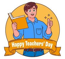 Happy teachers day with male teacher carrying books vector