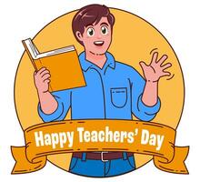 Happy teachers day with male teacher carrying books vector