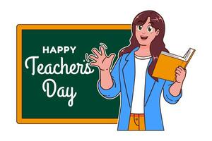 Happy Teachers Day with female teacher and chalkboard vector