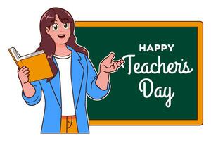 Happy Teachers Day with female teacher and chalkboard vector