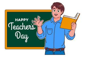 Happy Teachers Day with male teacher and blackboard vector