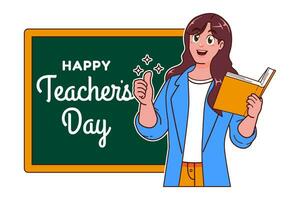 Happy Teachers Day with female teacher and chalkboard vector