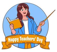 Happy teachers day with female teacher carrying books vector