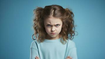 Angry little girl looking at camera on blue background. Studio shot Generative AI photo