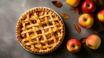 Delicious apple pie with fresh apples on a dark background, top view Generative AI photo