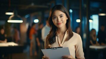 Portrait of young businesswoman holding clipboard and looking at camera in office Generative AI photo