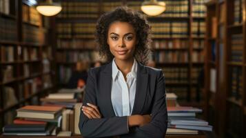 Portrait of an african american businesswoman in a library Generative AI photo
