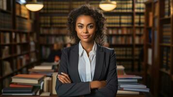 Portrait of an african american businesswoman in a library Generative AI photo