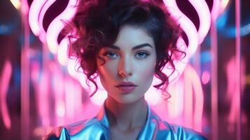 Fashion portrait of beautiful young woman in neon lights. 3d rendering Generative AI photo
