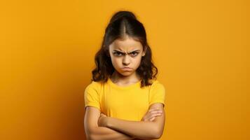 Portrait of upset little girl with crossed arms looking at camera over yellow background Generative AI photo