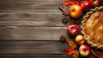 Homemade apple pie on wooden background, top view with copy space Generative AI photo