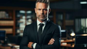Portrait of confident mature businessman standing with crossed arms in office. Generative AI photo