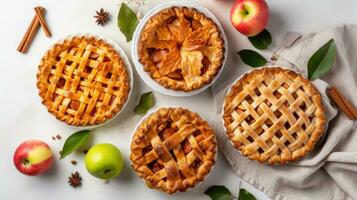 Fresh homemade apple pie on white background. Top view, flat lay Generative AI photo