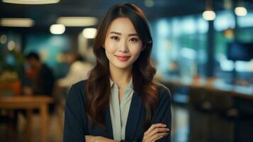 Portrait of young asian businesswoman smiling in the office. Generative AI photo