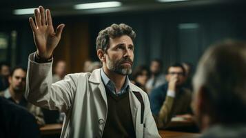 retrato de un masculino médico con un estetoscopio en un conferencia salón generativo ai foto