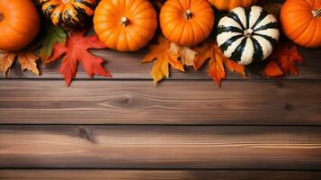 Autumn background with pumpkins and leaves on wooden planks. Generative AI photo