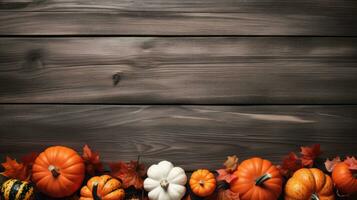 Autumn background with pumpkins and leaves on wooden board. Copy space. Generative AI photo
