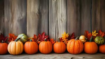 Autumn background with pumpkins and colorful leaves on wooden planks Generative AI photo