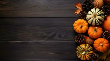Autumn background with pumpkins, leaves and pine cones on wooden background Generative AI photo