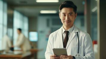 Portrait of a handsome asian doctor using tablet computer in hospital Generative AI photo