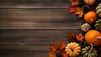 Autumn background with pumpkins, leaves and pine cones on wooden board Generative AI photo