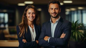 Portrait of happy business people standing with arms crossed in modern office Generative AI photo