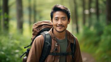 young man with backpack hiking in forest. asian male hiker Generative AI photo