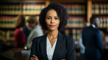 Beautiful african american businesswoman standing in front of a library Generative AI photo