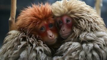 photo of heart-melting two Uakari with an emphasis on expression of love. Generative AI