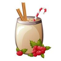 Glass of eggnog drink with cinnamon sticks, berries, green leaves and lollipop vector