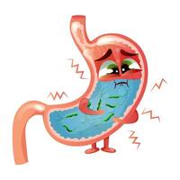 Sad cartoon stomach character with face and helicobacter pylori bacteria inside vector