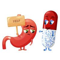 Sick sad stomach with nameplate and medicine capsule characters vector