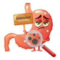 Sick sad stomach cartoon character with nameplate and noroviruses under magnifying glass vector