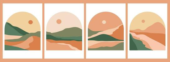 Set of Round Mountains logo. Round logo for stickers, poster logos, card. Minimalist style landscape illustrations of Mid century modern art with river, hills, wave vector