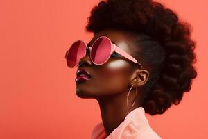 ai generado estudio retrato de un hermosa negro piel africano mujer en Gafas de sol en diferente colores antecedentes foto