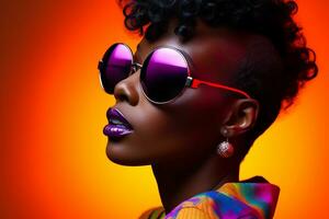 ai generado estudio retrato de un hermosa negro piel africano mujer en Gafas de sol en diferente colores antecedentes foto