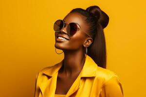 ai generado estudio retrato de un hermosa negro piel africano mujer en Gafas de sol en diferente colores antecedentes foto