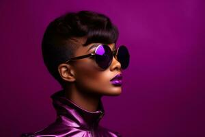 Ai generated  Studio portrait of a beautiful black skin african woman in sunglasses on different colours background photo