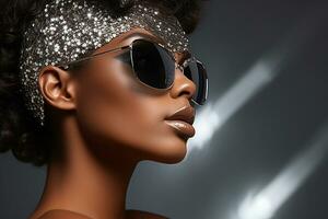 Ai generated  Studio portrait of a beautiful black skin african woman in sunglasses on different colours background photo