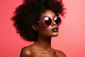 ai generado estudio retrato de un hermosa negro piel africano mujer en Gafas de sol en diferente colores antecedentes foto