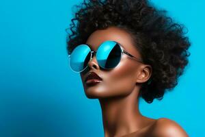 Ai generated  Studio portrait of a beautiful black skin african woman in sunglasses on different colours background photo