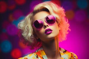 Ai generated Studio portrait of beautiful young blonde woman in sunglasses on different colour background photo