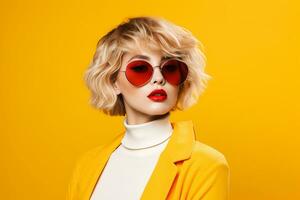 Ai generated Studio portrait of beautiful young blonde woman in sunglasses on different colour background photo
