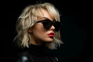 Ai generated Studio portrait of beautiful young blonde woman in sunglasses on different colour background photo